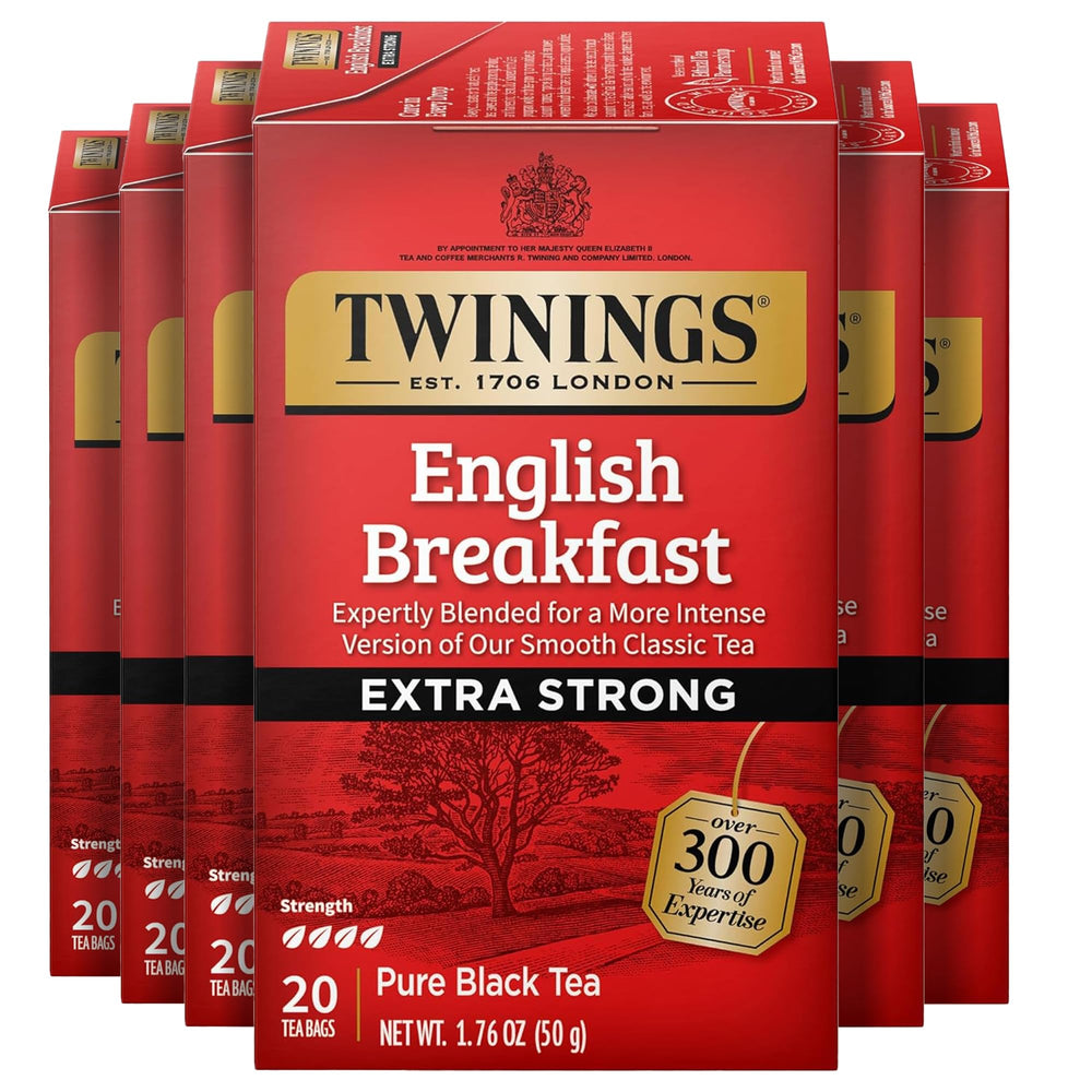 Twinings Extra Strong English Breakfast tea bags front, ideal for a bold morning cup.