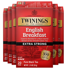 Twinings Extra Strong English Breakfast tea bags front, ideal for a bold morning cup.