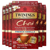 Twinings French Vanilla Chai tea bags in a 6-pack for freshness and on-the-go brewing.