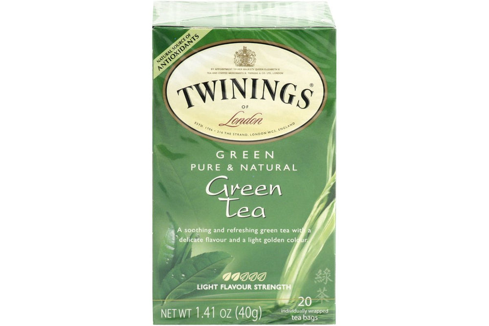 Twinings Green Tea box with 20 bags, fresh flavor for a calming afternoon ritual.