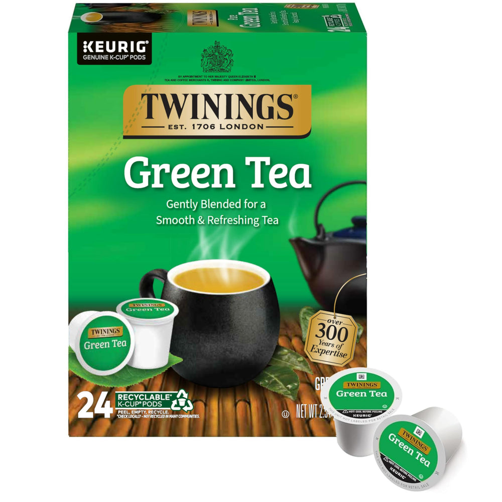 Twinings Green Tea K-Cup Pods 24-count box for convenient daily brews.