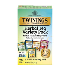 Twinings Herbal Tea Variety Pack front view for trying five caffeine-free flavors.