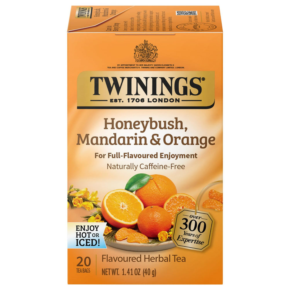 Twinings Honeybush Mandarin Orange tea bags on display, naturally caffeine-free and refreshing.