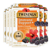 Twinings Immune Support tea box showing zinc blackberry hibiscus flavor for daily enjoyment.