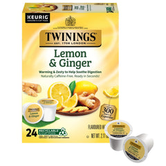 Twinings Lemon & Ginger K-Cup Pods box front for convenient caffeine-free tea any time.