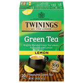 Twinings Lemon Green Tea bags in packaging, convenient 20-count box for on-the-go brews.