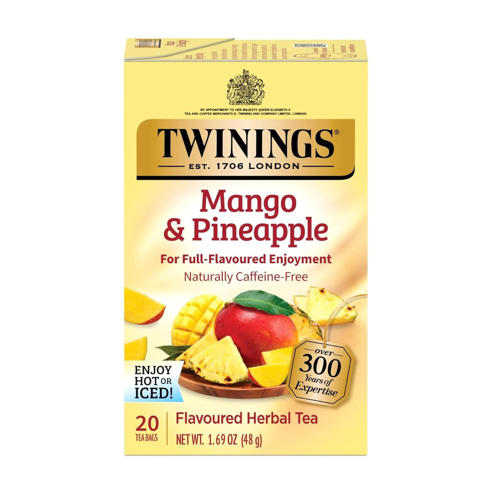 Twinings Mango Pineapple herbal tea bags for caffeine-free brewing.