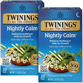 Twinings Nightly Calm tea bags 2-pack on shelf for bedtime routine.