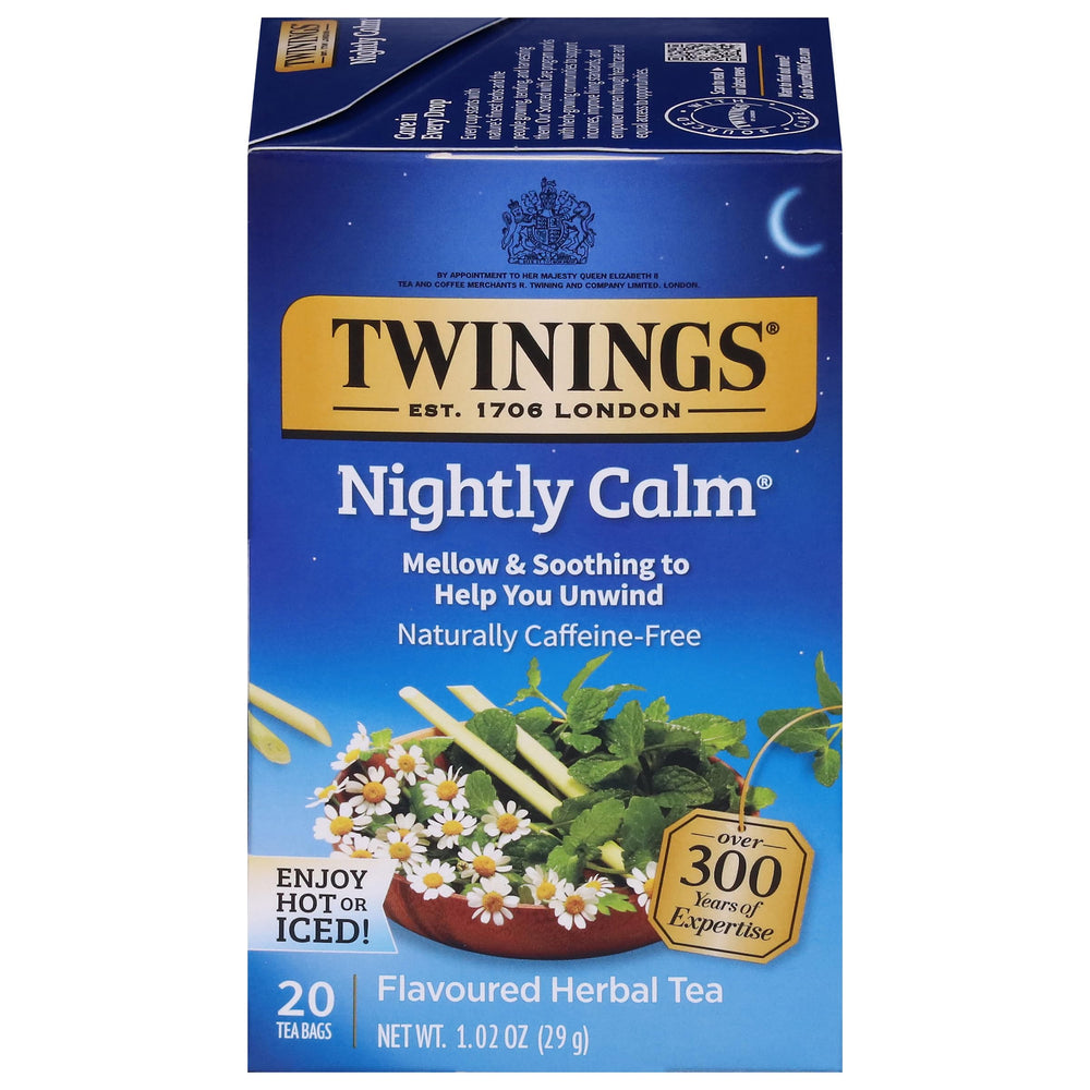 Twinings Nightly Calm tea box displayed for an easy evening ritual with caffeine-free comfort.