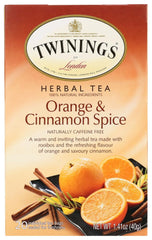 Twinings Orange and Cinnamon Spice Tea box with orange zest and cinnamon, ideal for cozy mornings.
