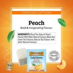 Twinings Peach Cold Brew tea boxes on kitchen shelf with peach scent.