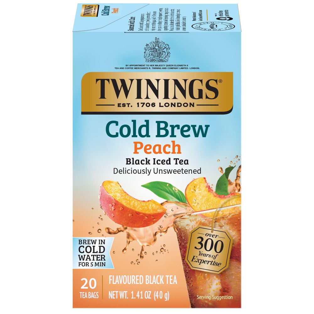 Twinings Peach Cold Brew tea bags box pack shot for refreshing iced tea at home.