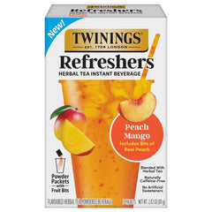 Twinings Peach Mango Refreshers with real peach bits for juicy flavor.