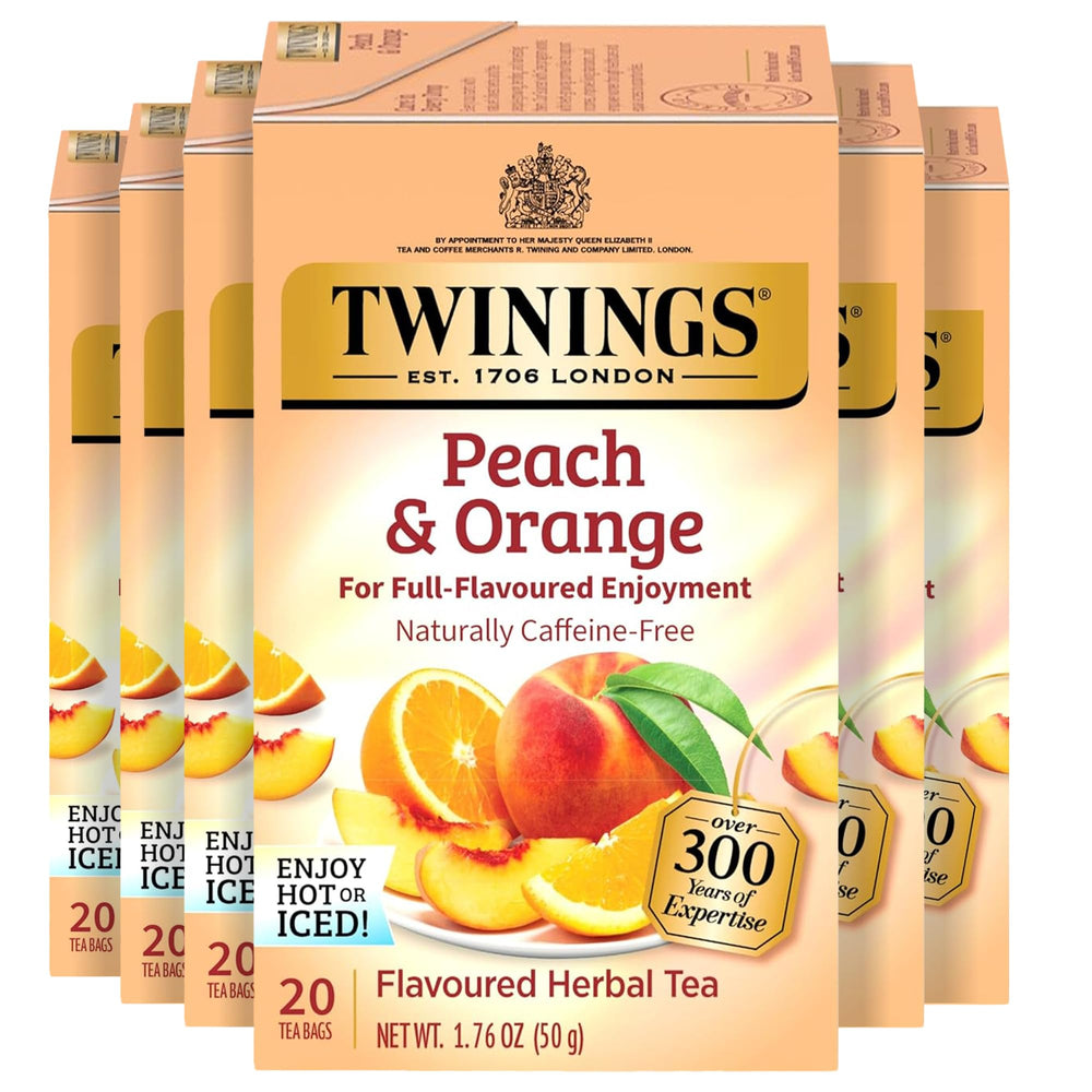Twinings Peach & Orange herbal tea boxes on display, six-pack convenience.