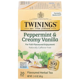 Twinings Peppermint & Vanilla tea bag displaying herbal blend for a caffeine-free brew