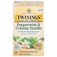 Twinings Peppermint & Vanilla tea bag displaying herbal blend for a caffeine-free brew