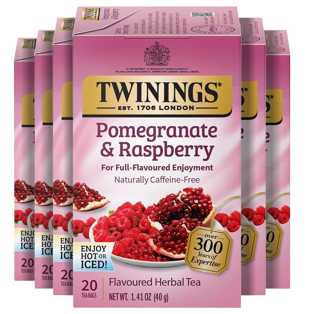 Twinings Pomegranate & Raspberry tea bags offer convenient on-the-go brewing.