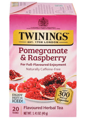Twinings Pomegranate & Raspberry herbal tea bags sealed for freshness and on-the-go brewing.