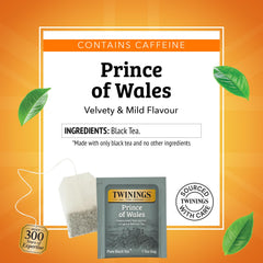 Six-pack box of Twinings Prince of Wales tea bags on a store shelf.