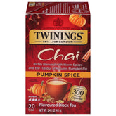 Twinings Pumpkin Spice Chai tea bags in packaging, ready for a quick brew.
