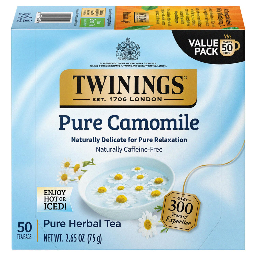 Twinings Pure Camomile tea bags ready for brewing a calming cup.