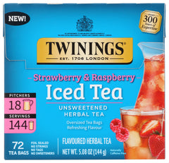 Twinings Strawberry and Raspberry Herbal Iced Tea Bags box on display for refreshing iced tea.