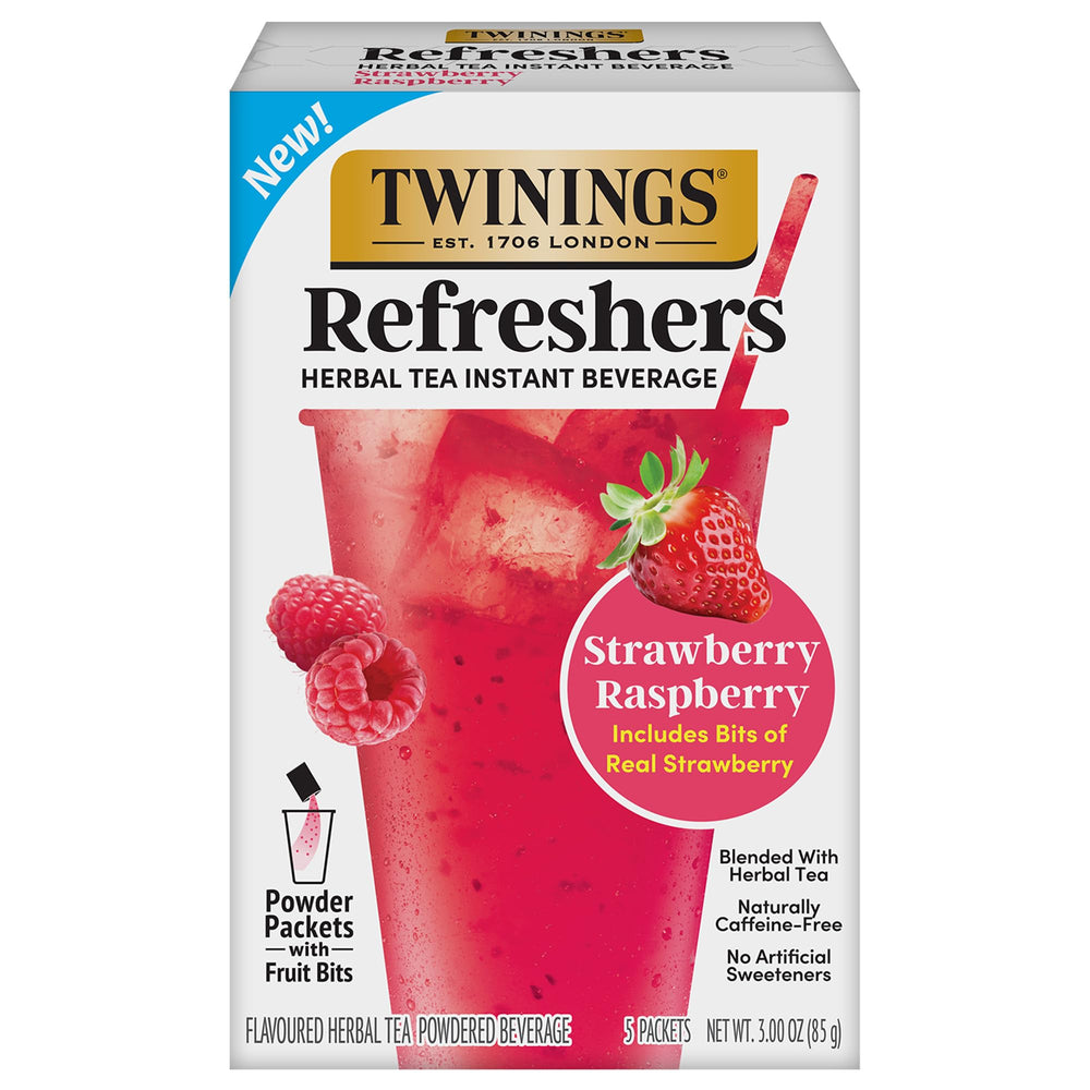Twinings Strawberry Raspberry Refreshers packets for quick cafe-style drinks.