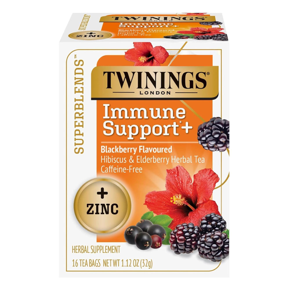 Twinings Immune Support+ Zinc blackberry tea box with hibiscus and elderberry for daily soothing ritual