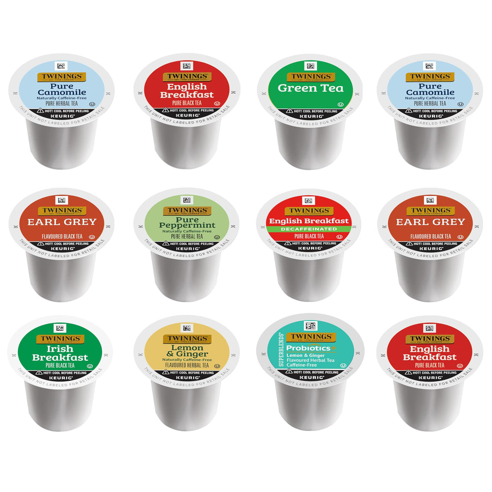 Twinings Tea K Cup Sampler with 12 pods for varied tasting at home.