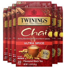 Twinings Ultra Spice Chai tea bags in sealed packaging preserve freshness.