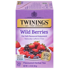 Twinings Wild Berries Herbal Tea bag showcasing berry-forward flavor and caffeine-free option