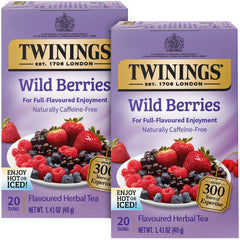 Twinings Wild Berries tea bags, individually wrapped, preserving fresh flavor for a bright infusion.