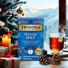 Twinings Winter Spice Tea bags closeup showing chamomile and spices