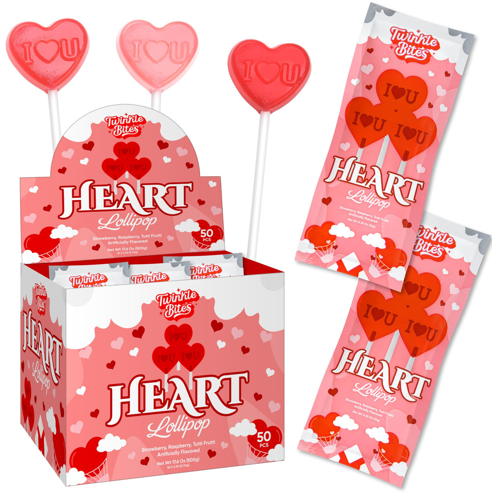 Twinkle Bites heart shaped lollipops in a 50 pack display for gifting