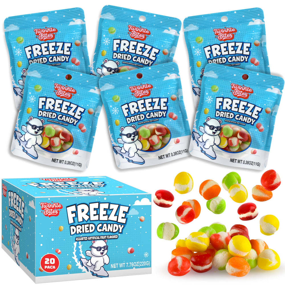 Twinkle Bites freeze-dried candy display bag shows crisp texture, ideal for party favors.