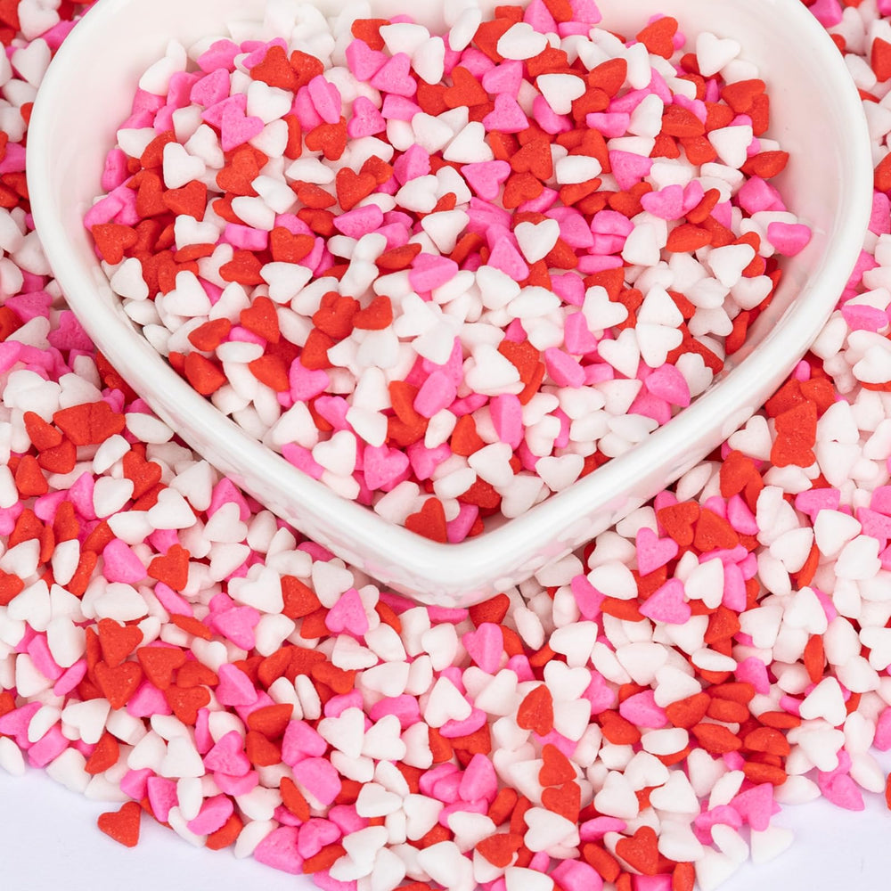 Twisweet mini heart sprinkles in pink-red-white mix for cake decorating.