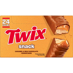 Twix snack-size caramel cookie chocolate bars in a 24-pack for sharing and on-the-go.