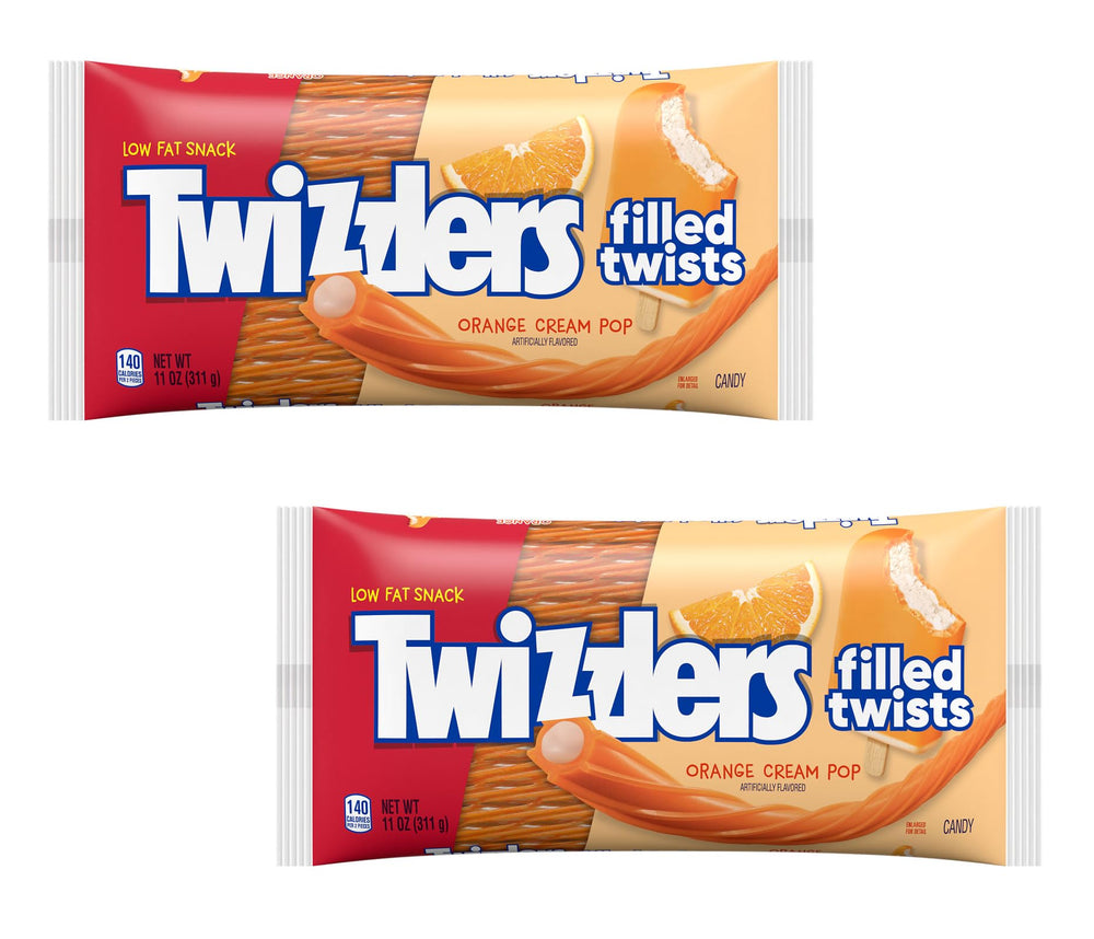 Twizzlers Orange Cream Twists pack front showing two-pack convenience for sharing.