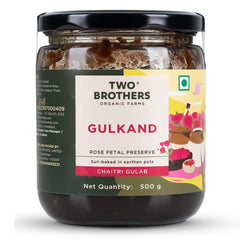 Two Brothers India Farms Rose Petal Gulkand jar with rich color and aroma.