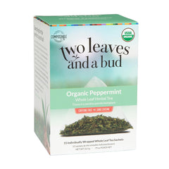 Two Leaves and a Bud organic peppermint tea bags for caffeine-free calm.