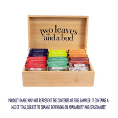 Two Leaves and a Bud organic tea sampler box open shows six flavors