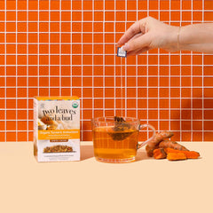 Two Leaves and a Bud turmeric tea sachets closeup, pyramid sachets for fuller infusion.