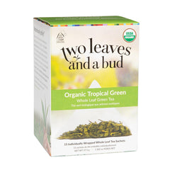 Two Leaves and a Bud tropical green tea sachet ready for brew