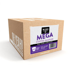 Two Rivers Coffee Mega Coffee Lovers Pods variety image highlights bold, decaf, and flavored options.