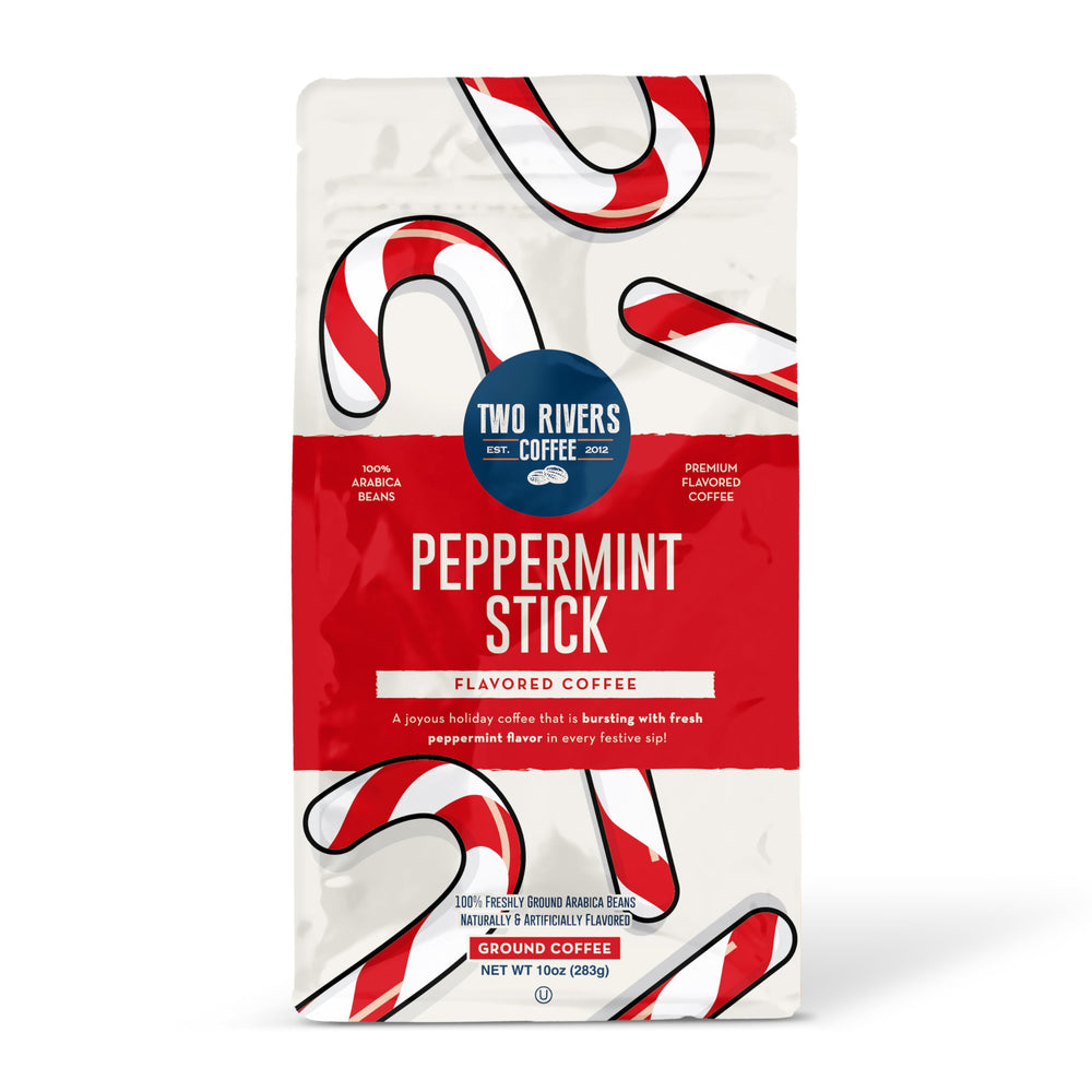 Two Rivers Coffee peppermint stick ground coffee bag with festive aroma for cozy mornings