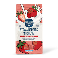 Two Rivers Coffee Strawberries N Cream ground coffee pour delivering a smooth, flavorful drip brew.