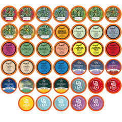 Two Rivers Coffee tea sampler box ready for Keurig brewing, offering convenient flavor variety.
