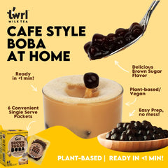 Twrl Brown Sugar Boba in a tea cup for a creamy chewy beverage.