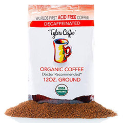Tyler's Ground Coffee decaf bag, 12 oz, smooth flavor for gentle sipping.