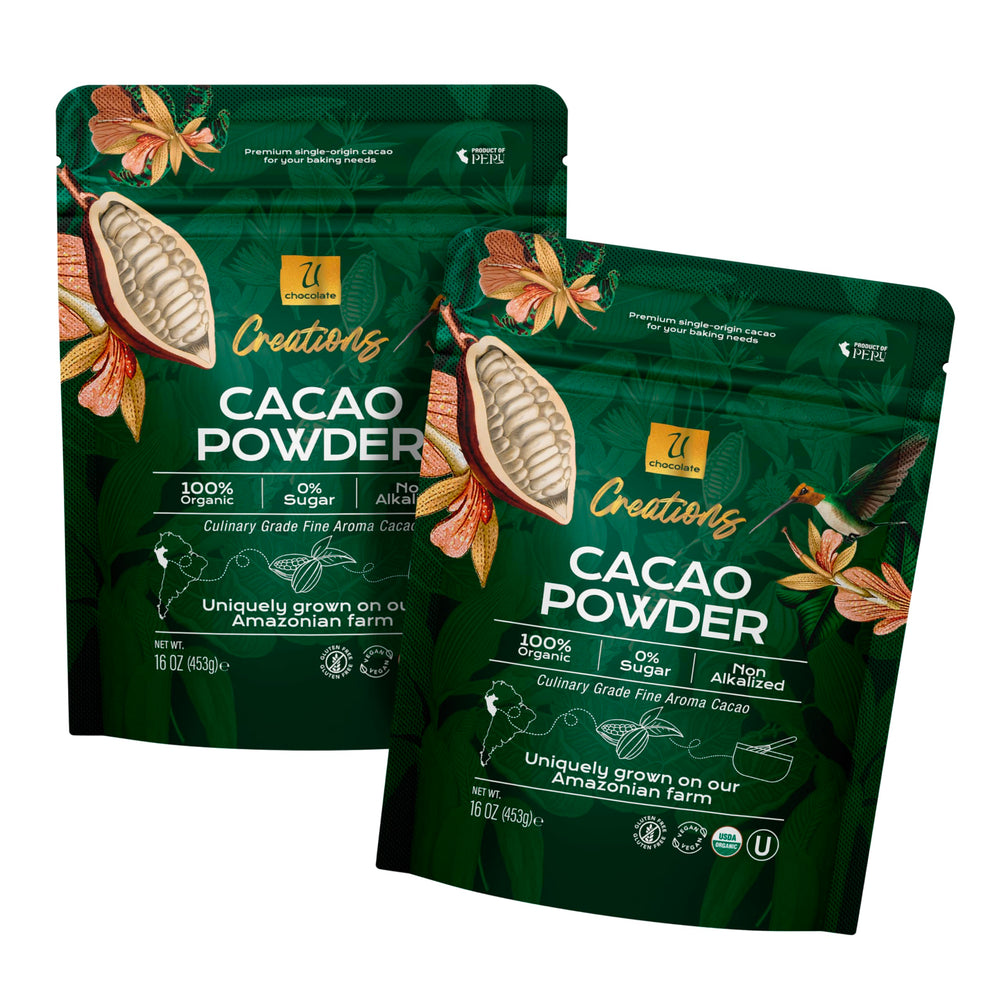 U Chocolate Creations cacao powder packaging highlights organic purity for baking.